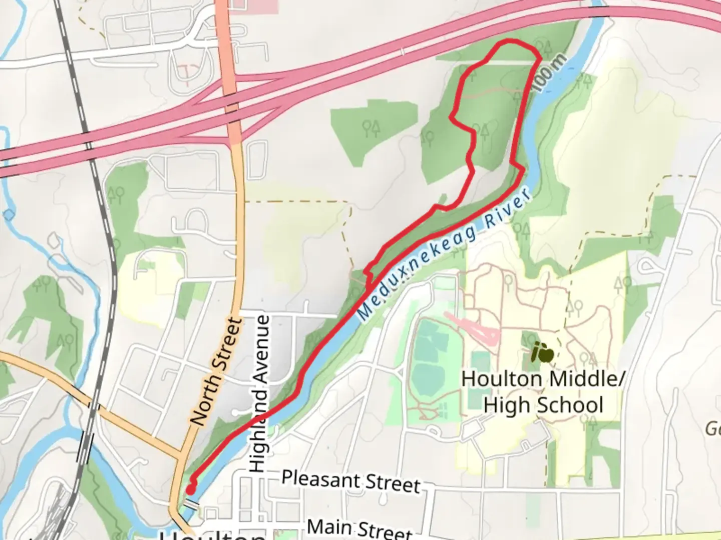 An image depicting the trail Meduxnekeag River Loop via Riverfront Walking Path and its surrounding area.