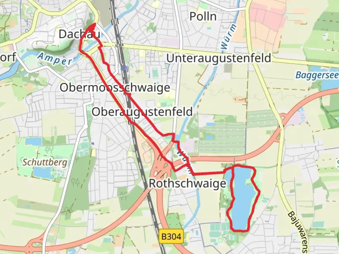 An image depicting the trail Karlsfelder See and Dachau Loop and its surrounding area.
