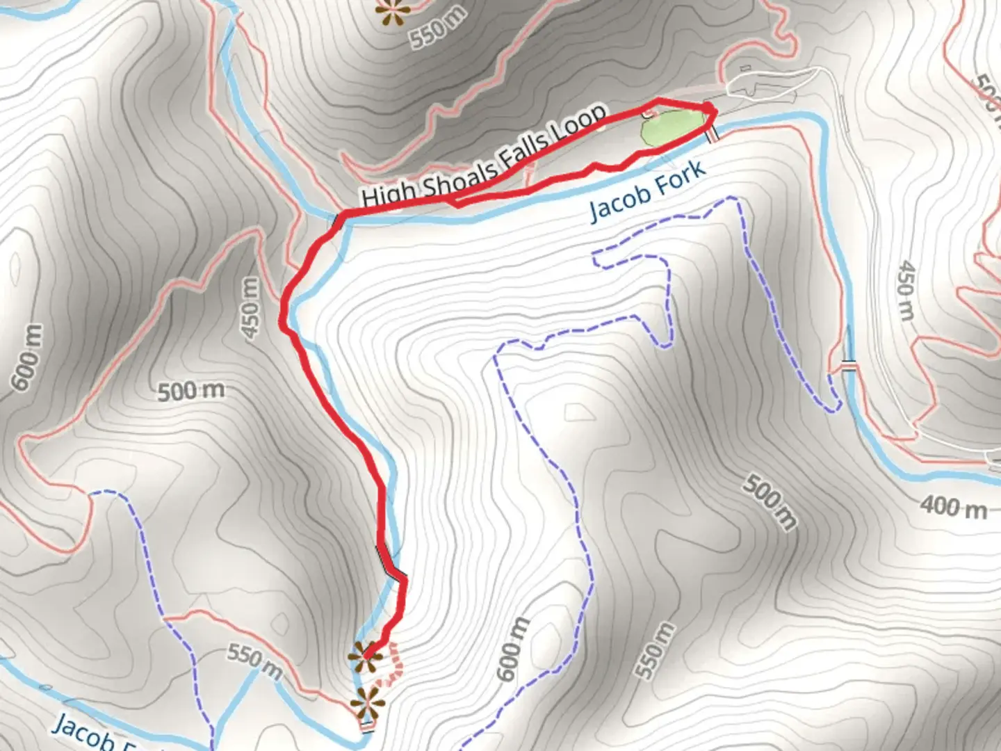 An image depicting the trail High Shoals Falls Loop and Hemlock Nature Trail and its surrounding area.