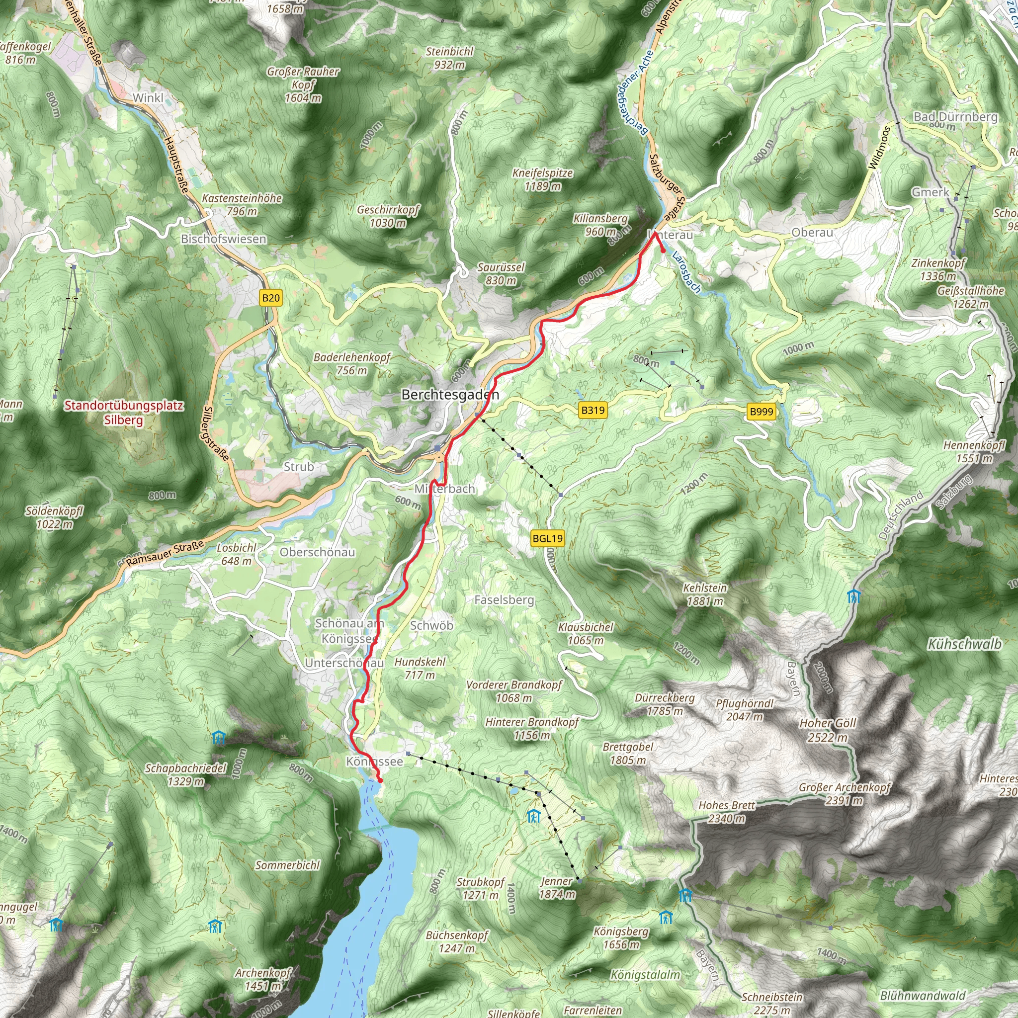 Unterau to Konigssee Walk via River Berchtesgadener Ache mobile static map