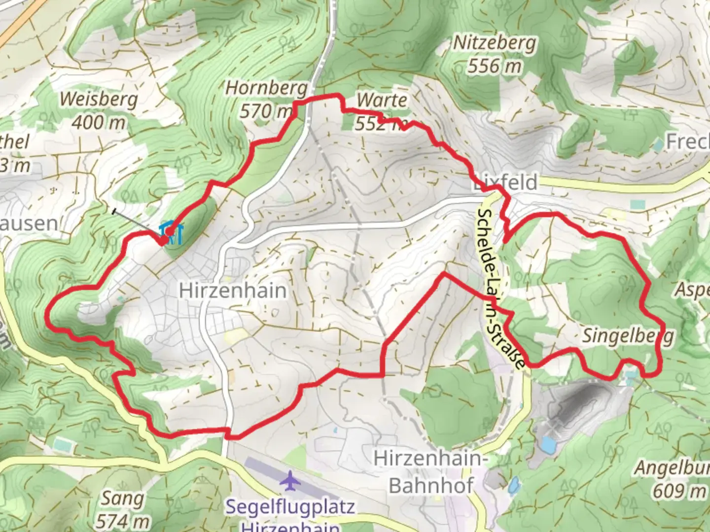 An image depicting the trail Warte via Hessenweg and Extratour Hirzenhainer Hoehenflug and its surrounding area.