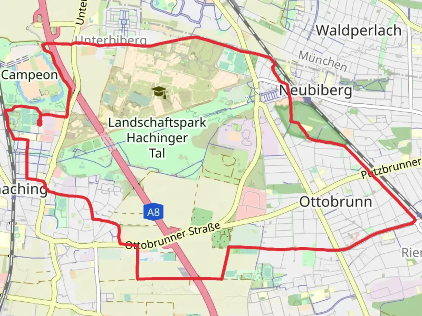 An image depicting the trail Landschaftspark Hachinger Tal Loop - Neubiberg and its surrounding area.