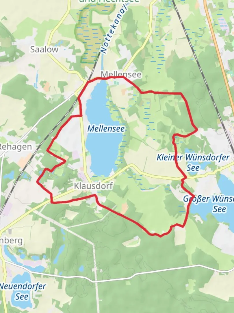 An image depicting the trail Mellensee Loop via Grober Wunsdorfer See and its surrounding area.