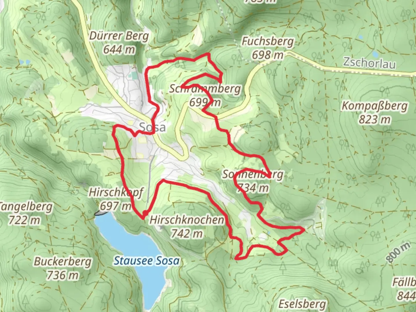 An image depicting the trail Köhlerweg Sosa Loop and its surrounding area.