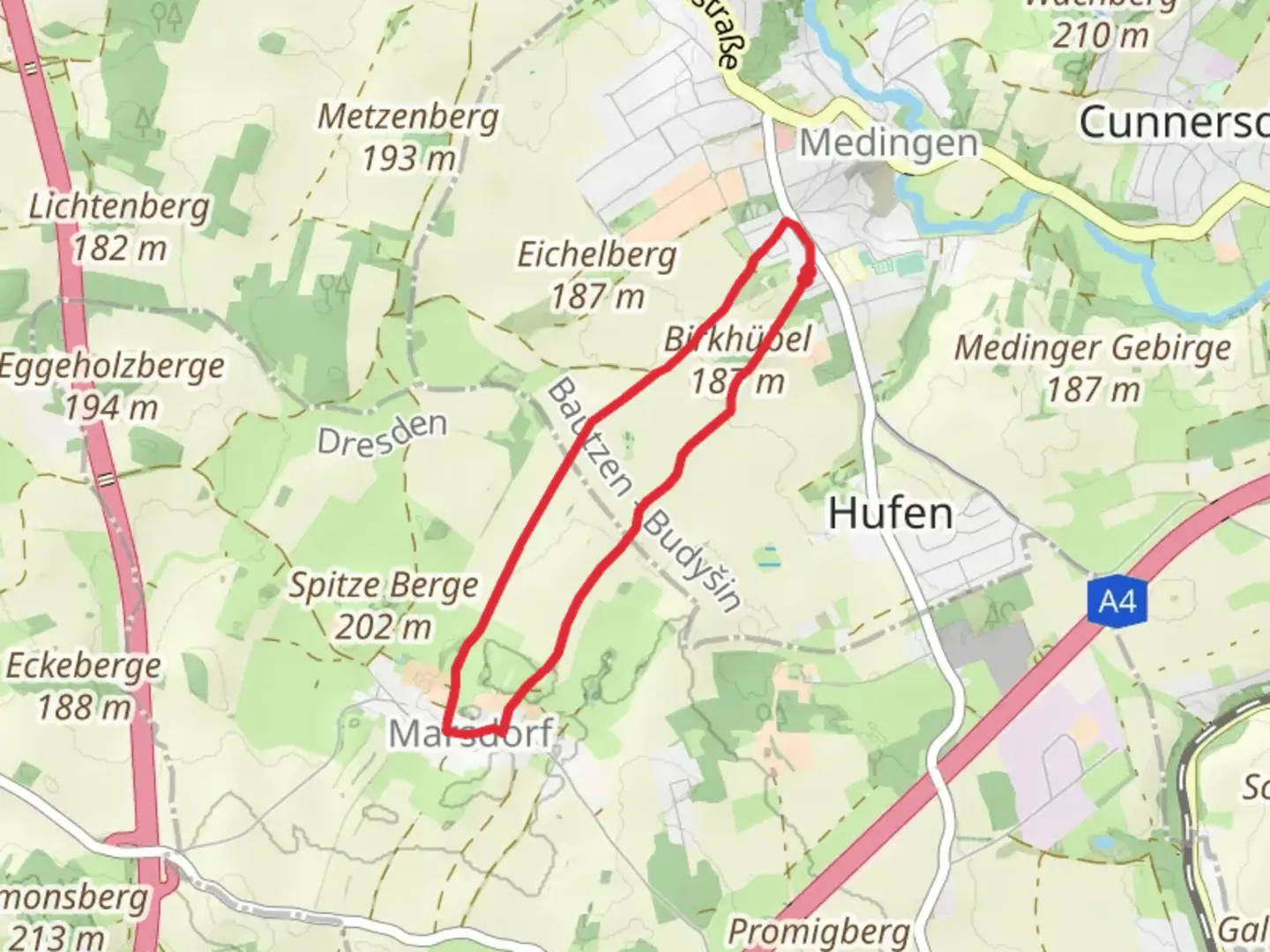An image depicting the trail Birkhübel Loop via Marsdorfer Rundweg and its surrounding area.