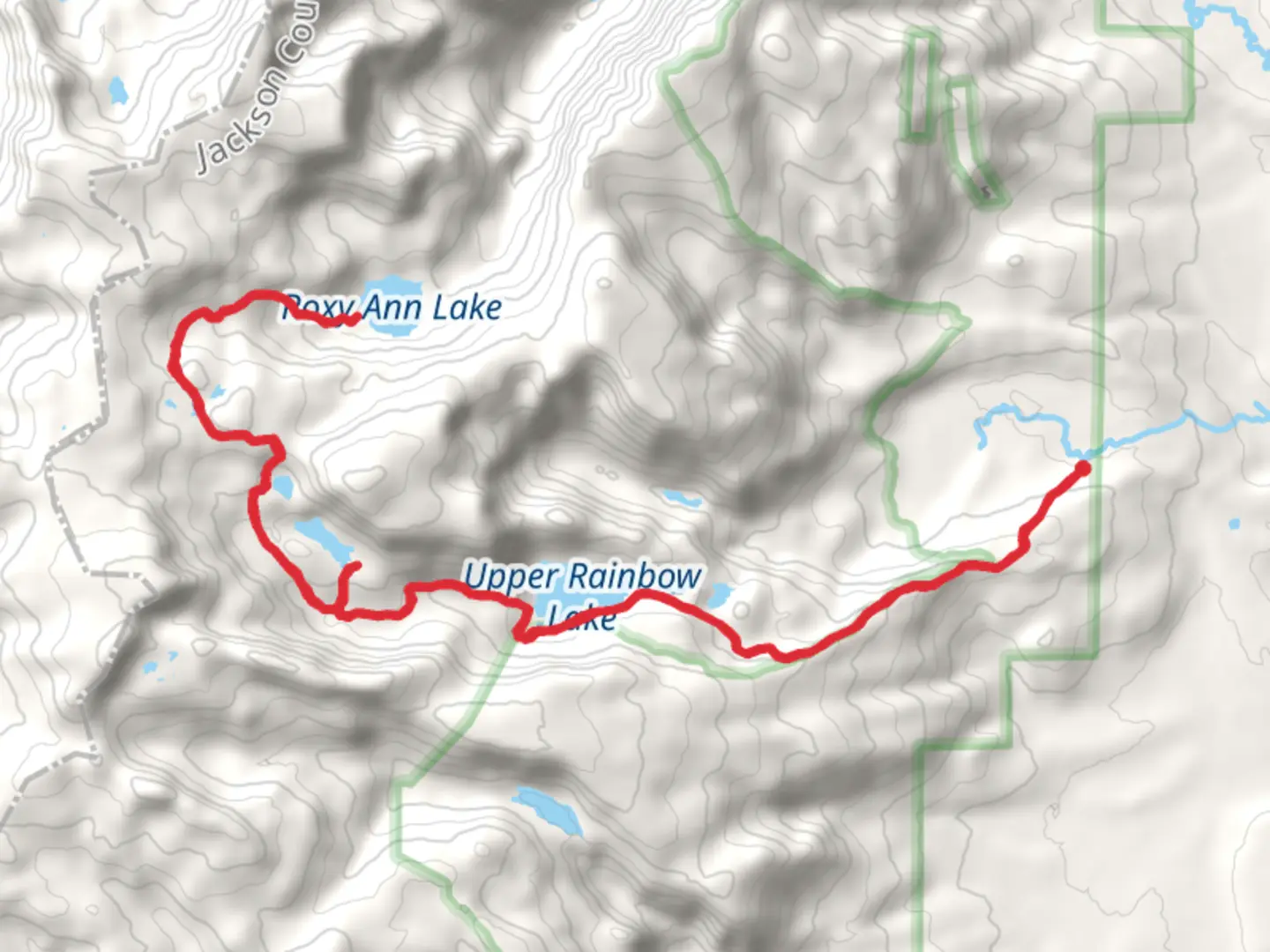 An image depicting the trail Upper Rainbow Lake, Lower SLide Lake and Roxy Ann Lake and its surrounding area.