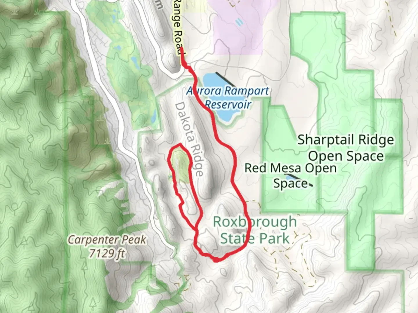 An image depicting the trail Roxborough Drive and Fountain Valley Loop Trail and its surrounding area.