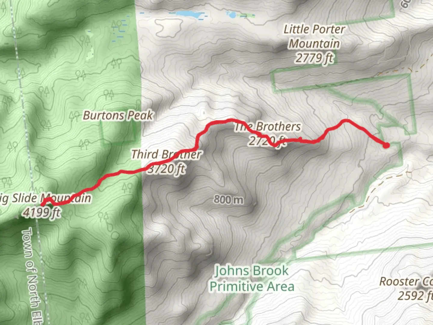 An image depicting the trail Big Slide Mountain via The Brothers Trail and its surrounding area.