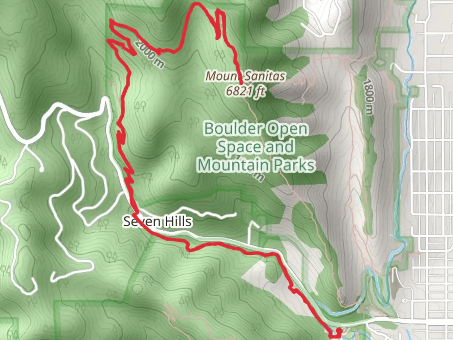 An image depicting the trail Mount Sanitas via Sunshine Canyon Trail and Lions Lair Trail and its surrounding area.