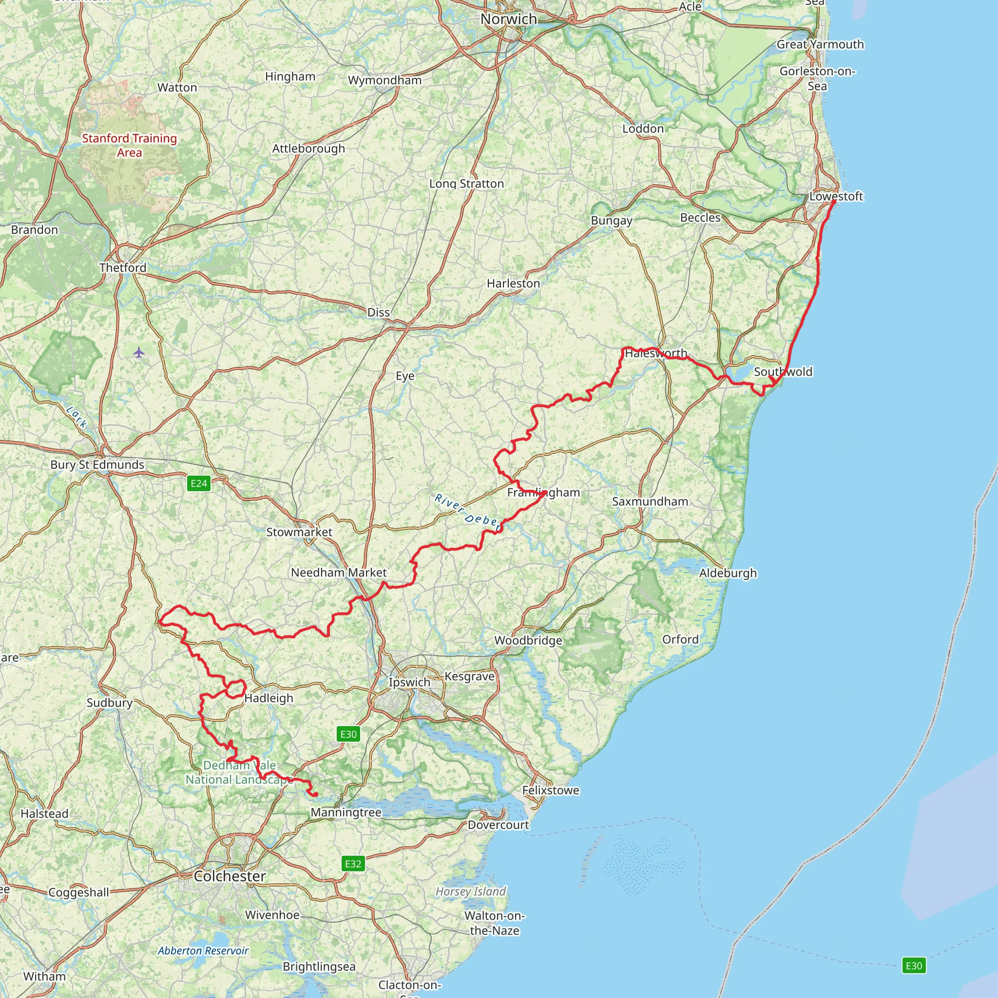 Flatford to Lowestoft Walk mobile static map
