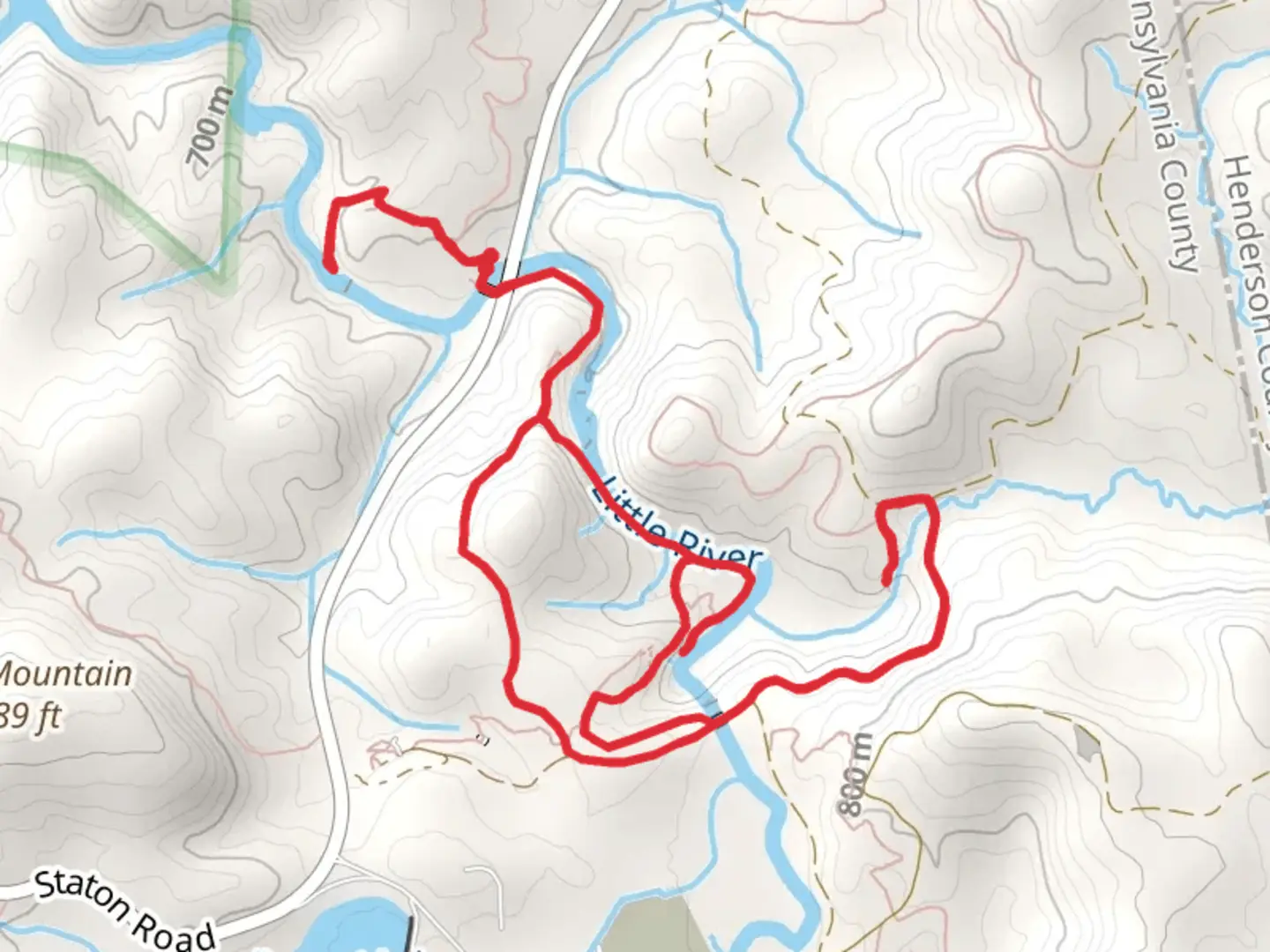 An image depicting the trail Hooker-Moore Cemetery, Triple Falls Trail and Grassy Creek and its surrounding area.