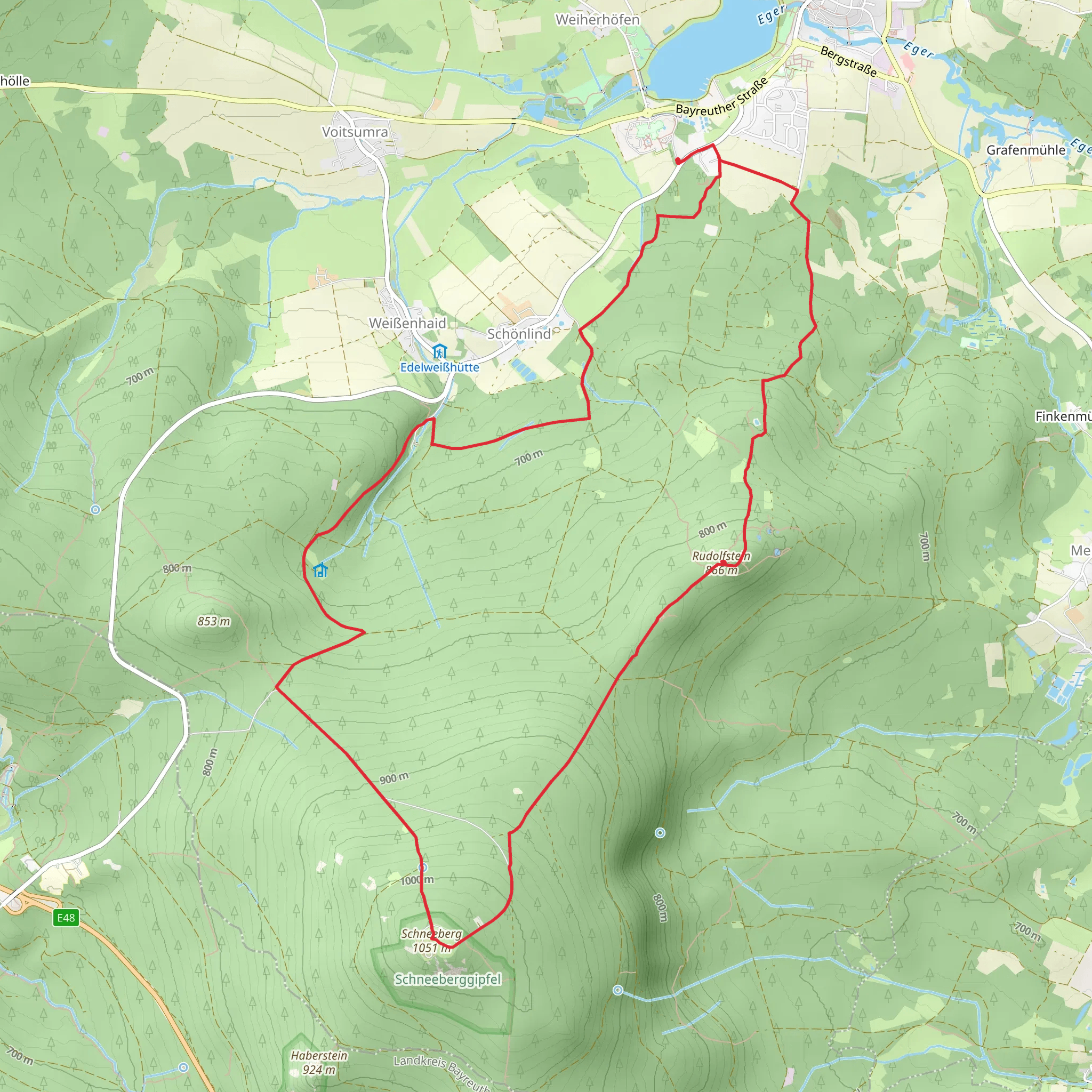Schneeberg, Rudolfstein and Kreuzfelsen Loop via Schönlind Rudolfstein mobile static map