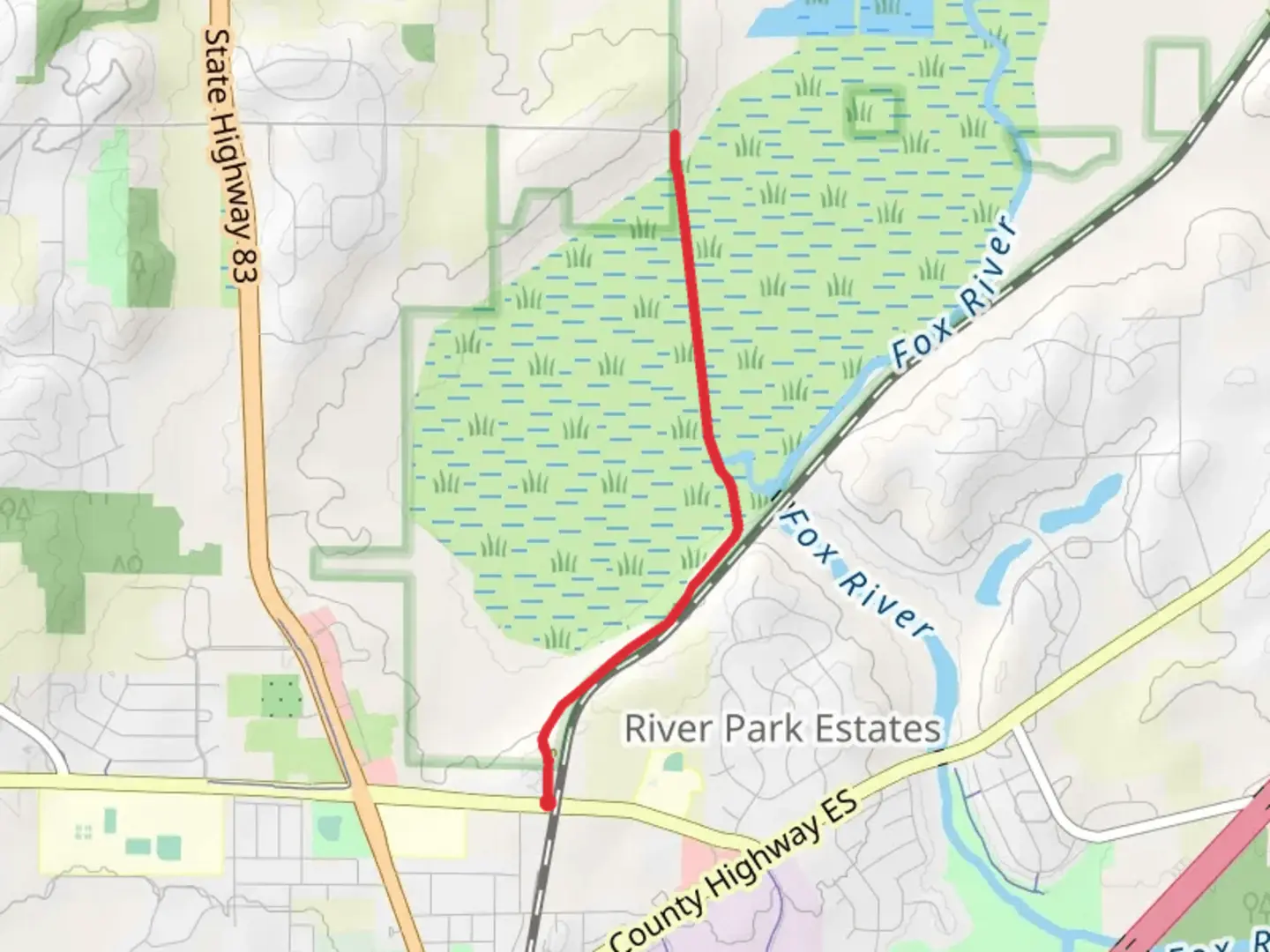 An image depicting the trail Fox River Out and Back and its surrounding area.