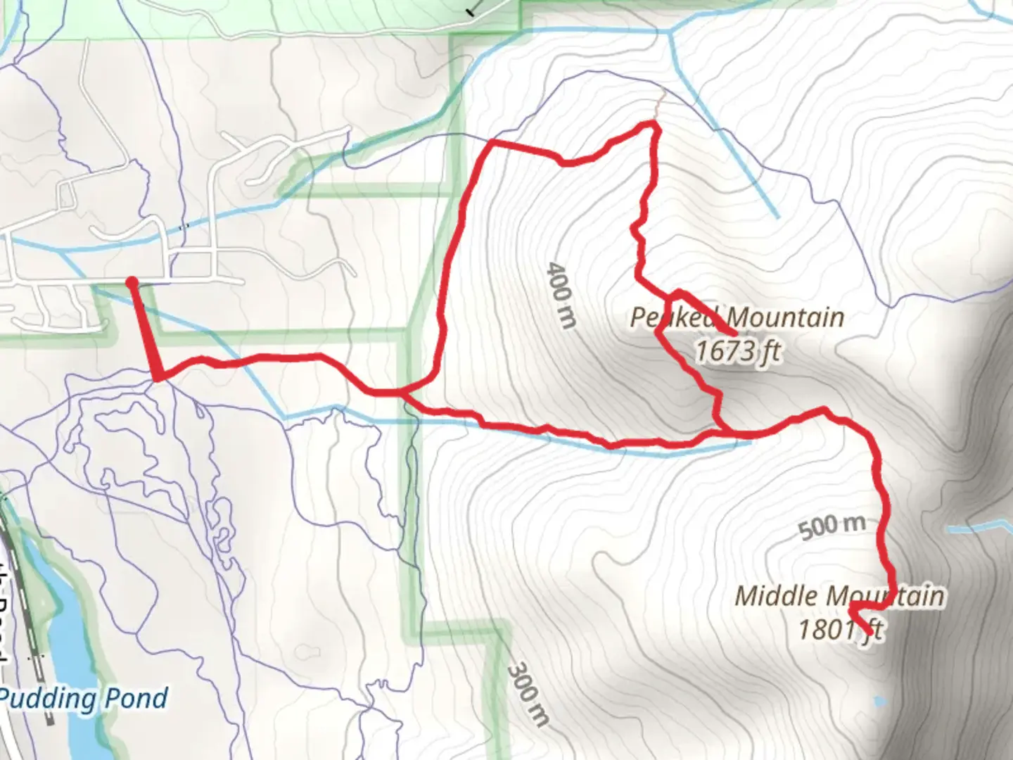 An image depicting the trail Peaked Mountain and Middle Mountain Loop and its surrounding area.
