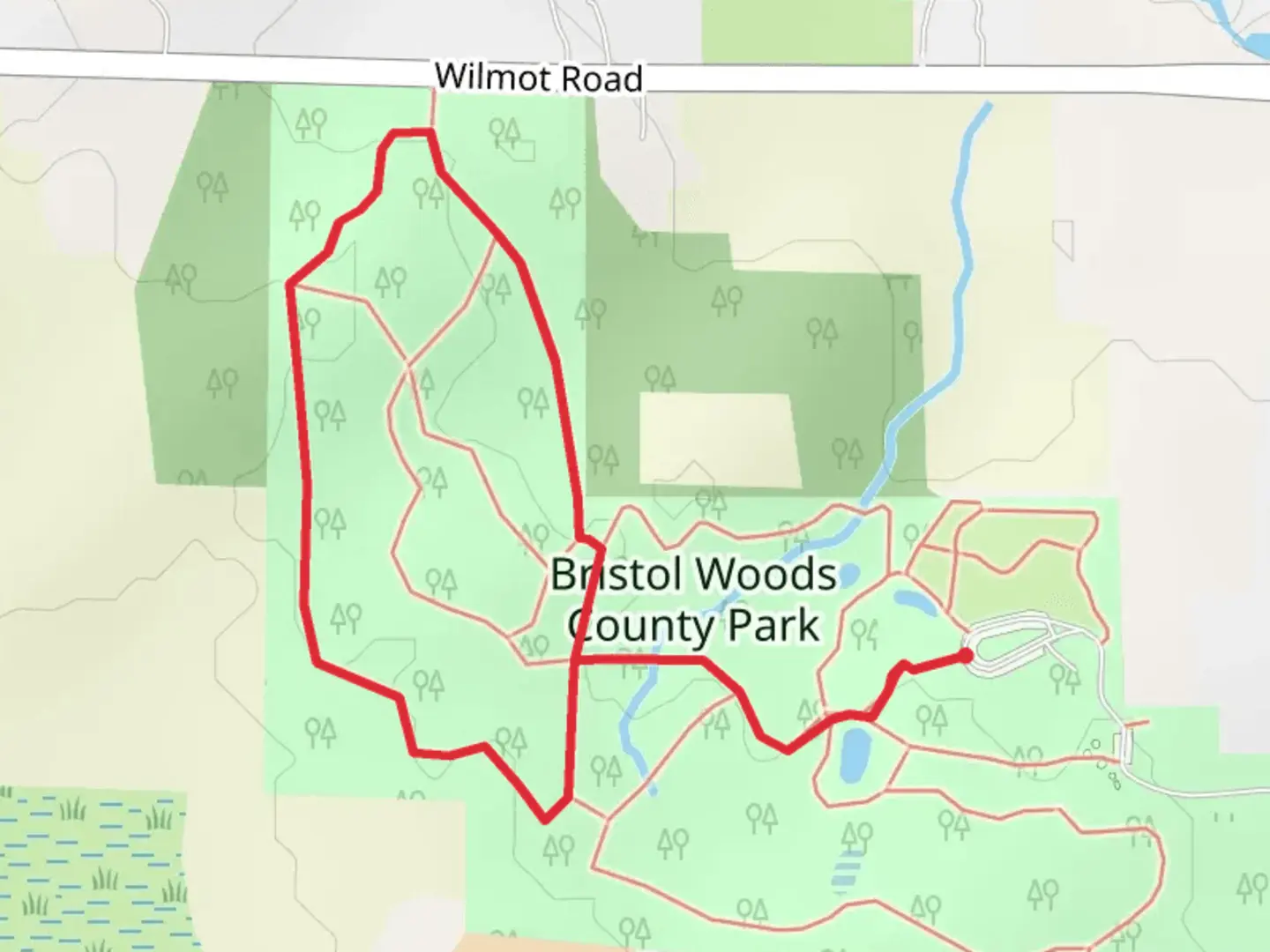An image depicting the trail Bristol Woods County Park and its surrounding area.