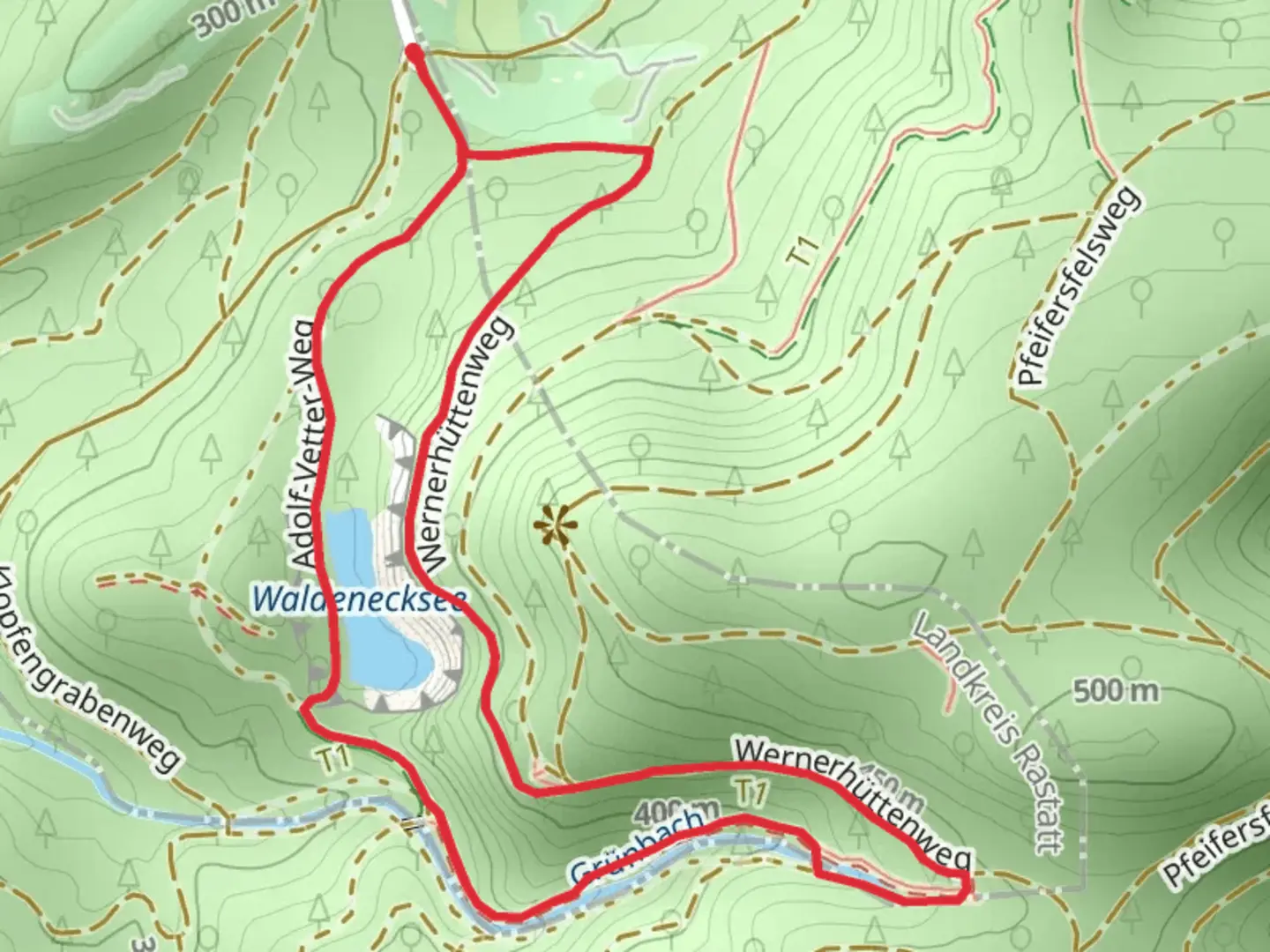 An image depicting the trail Waldenecksee via Adolf-Vetter-Weg and Wernerhüttenweg and its surrounding area.