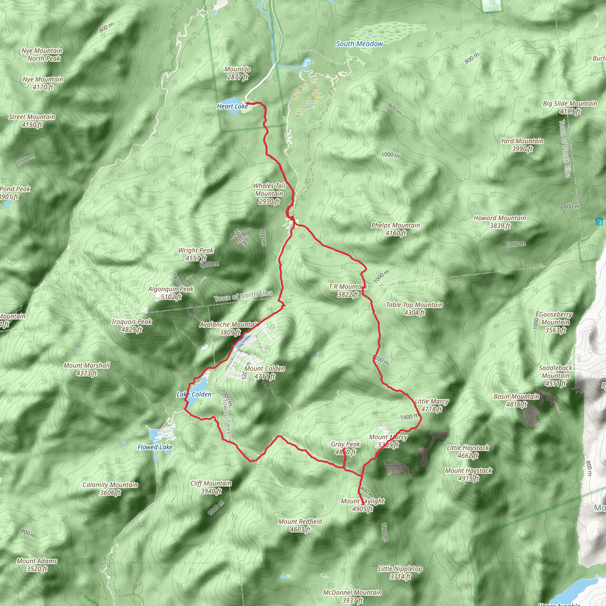 Lake Colden, Gray Peak and Mount Skylight Loop from Heart Lake mobile static map
