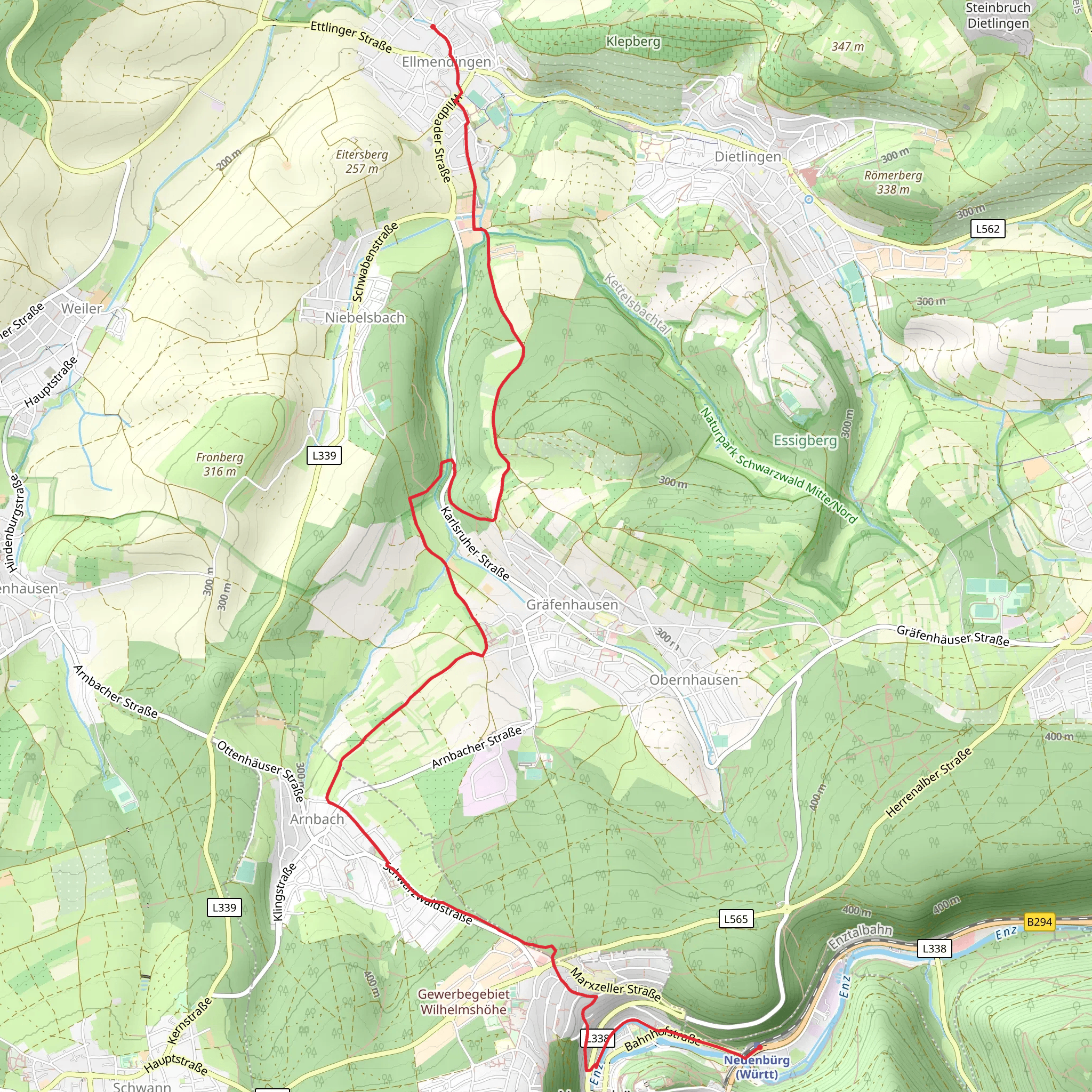 Neuenbürg to Ellmendingen via Sixtweg and Oberes Weitfeld mobile static map