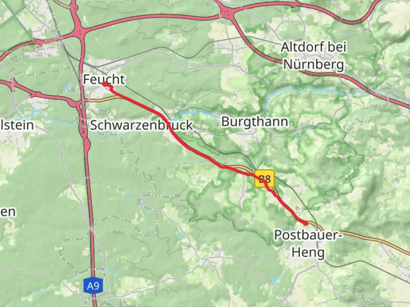 An image depicting the trail Feucht to Postbauer Walk and its surrounding area.