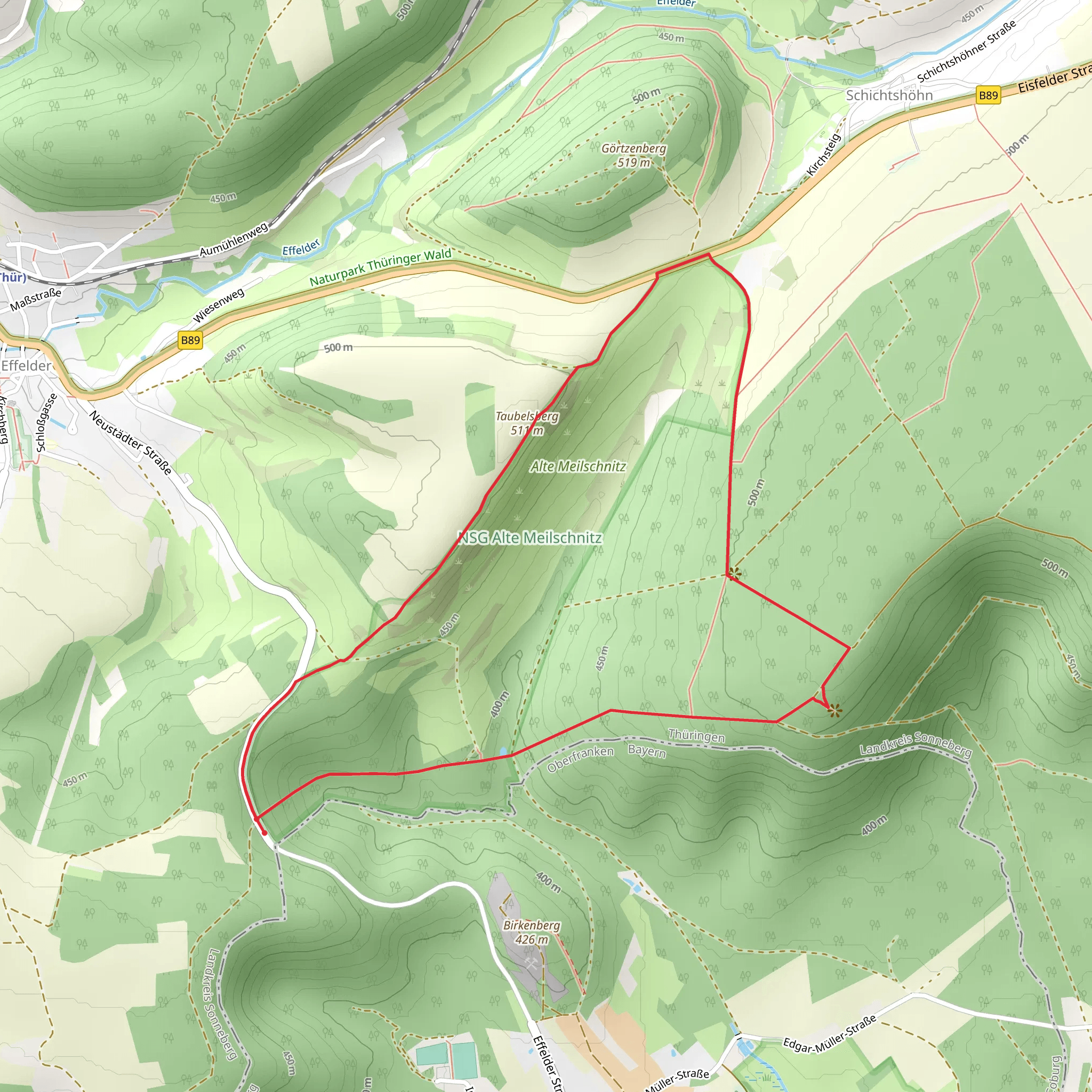 Taubelsberg via Schaumberger Land and Gruenes Band Thueringen LK SON mobile static map
