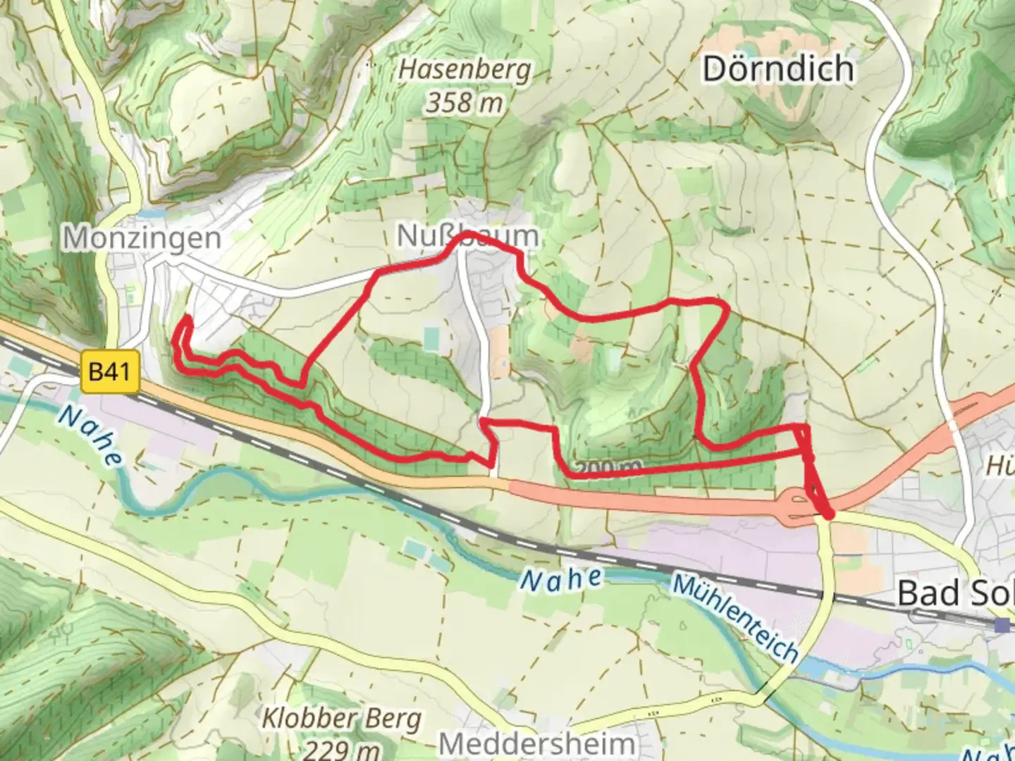 An image depicting the trail Bad Sobernheim Loop and its surrounding area.