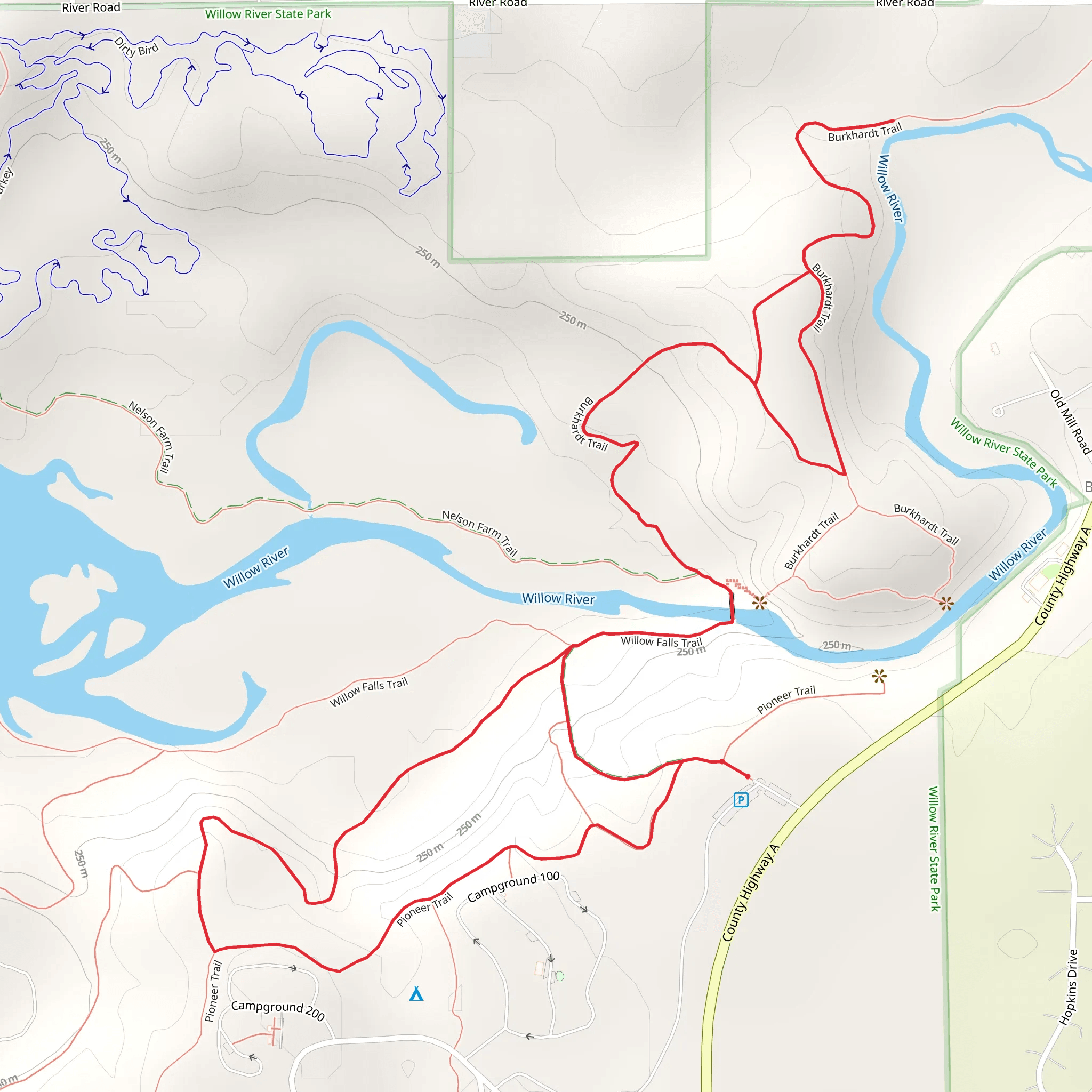 Pioneer trail and Willow Falls Trail and Burkhardt Loop Trail mobile static map