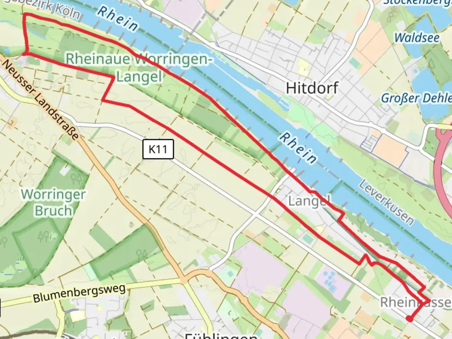 An image depicting the trail Rhein via Jakobs Pilgerweg Nijmegen Koeln and Langeler Kreuzweg and its surrounding area.