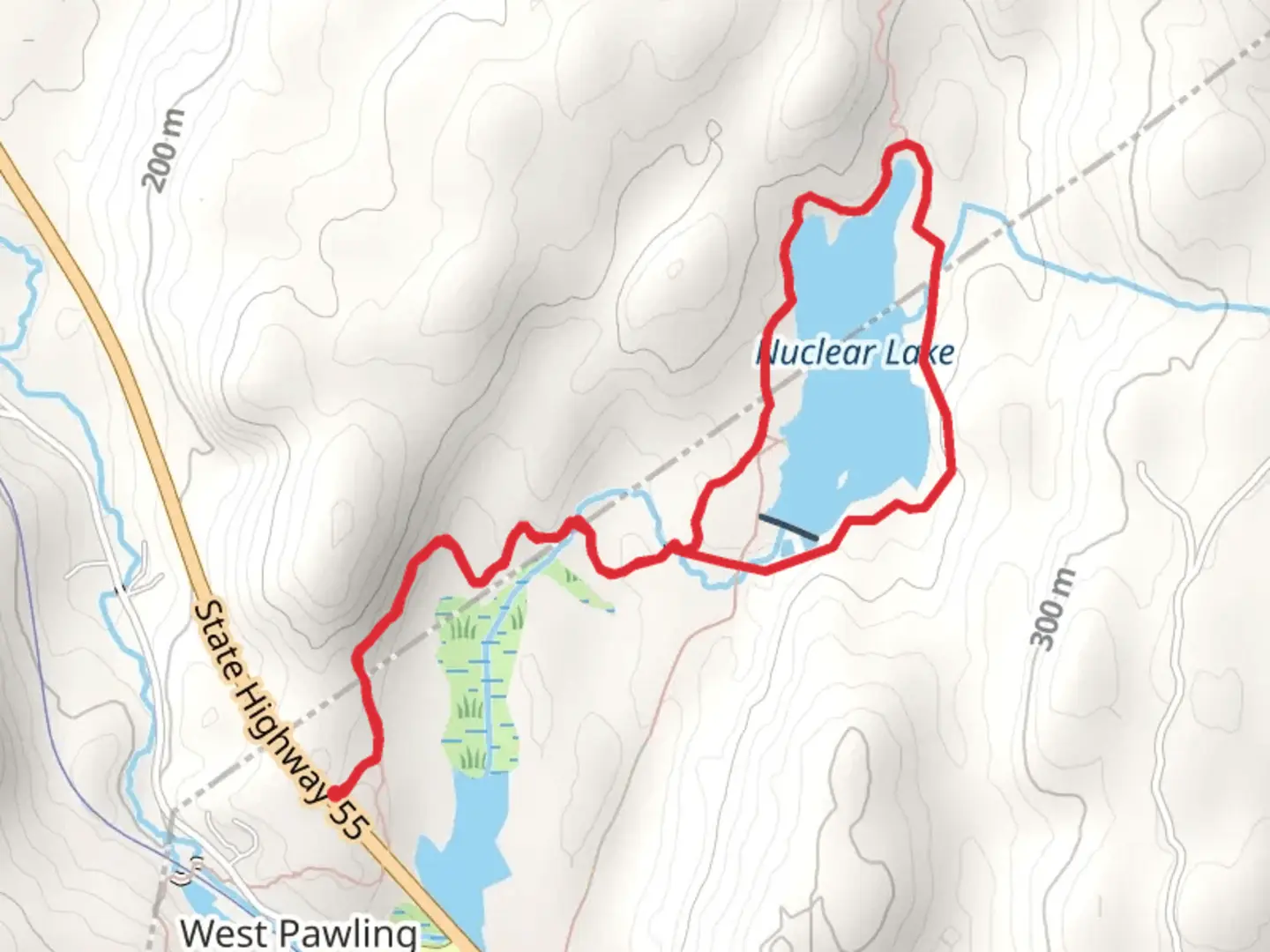 An image depicting the trail Nuclear Lake Trail Loop from State Highway 55 and its surrounding area.