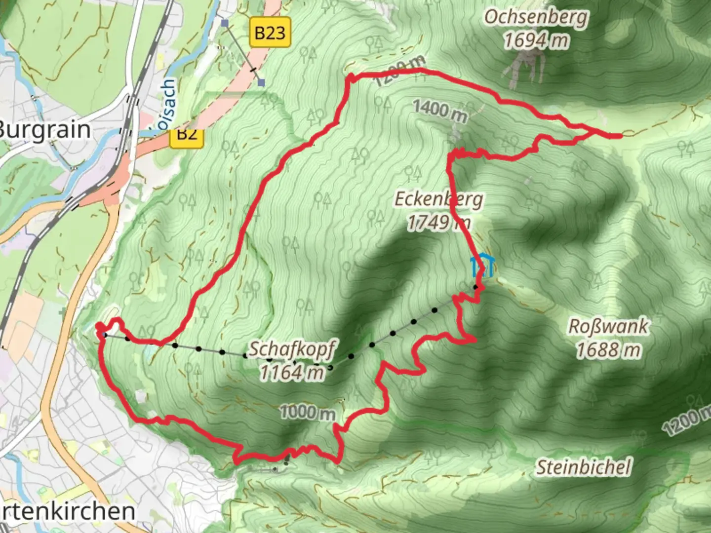 An image depicting the trail Esterbergalm and Wank-Haus Loop and its surrounding area.
