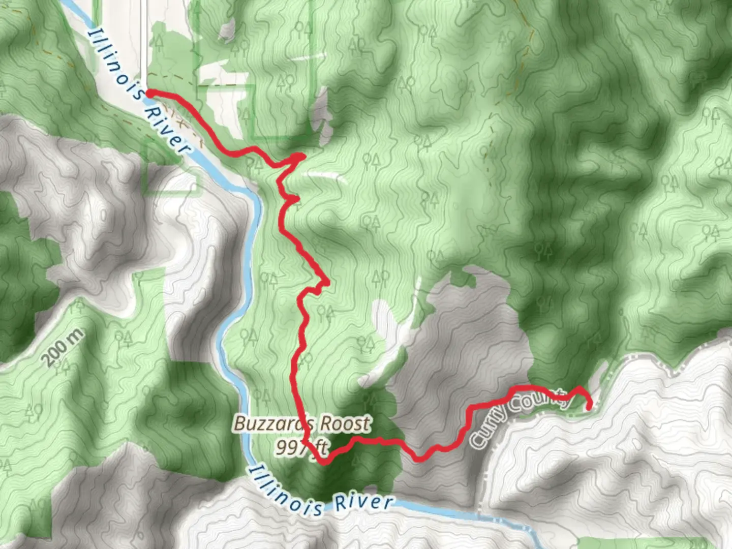 An image depicting the trail Indian Flat via Illinois River Trail and its surrounding area.