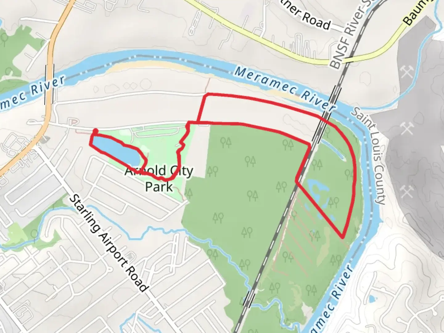 An image depicting the trail Arnold City Park and Hollywood Beach Road Loop and its surrounding area.
