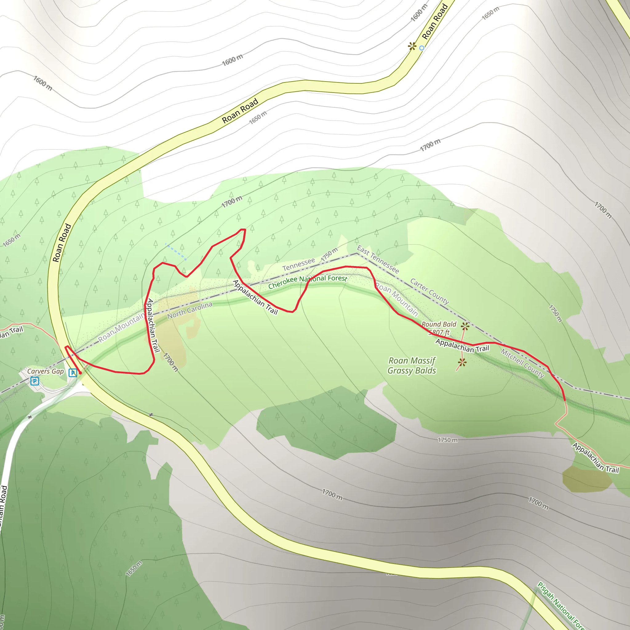 Round Bald via Appalachian Trail mobile static map
