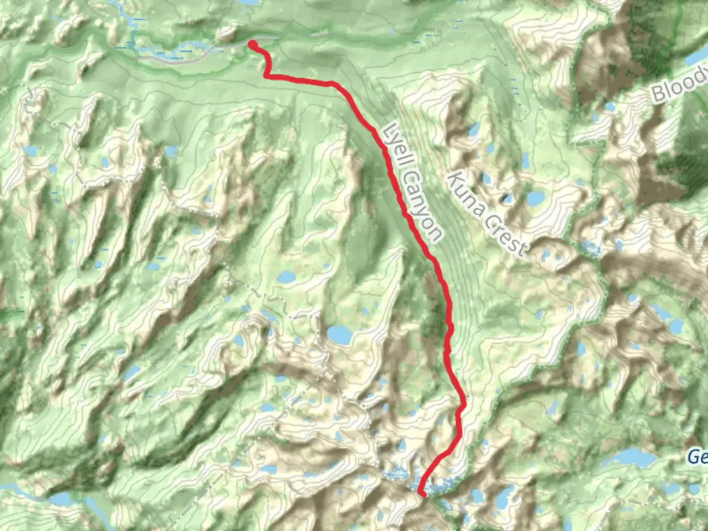 An image depicting the trail Mount Lyell via Pacific Crest Trail and its surrounding area.