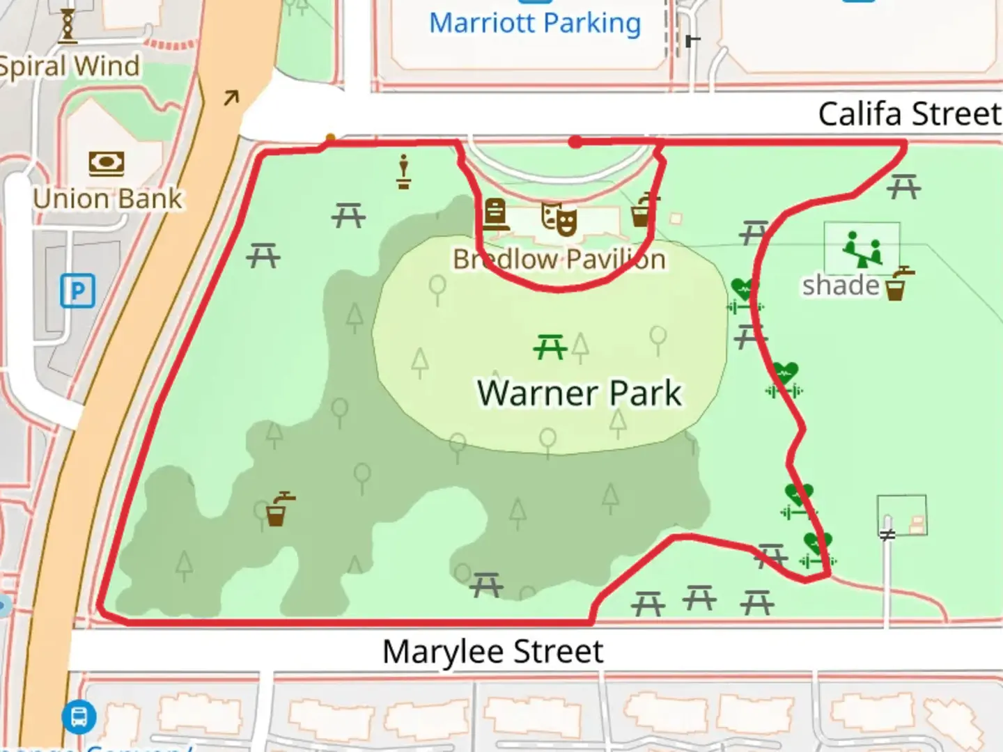 An image depicting the trail Warner Park Loop and its surrounding area.