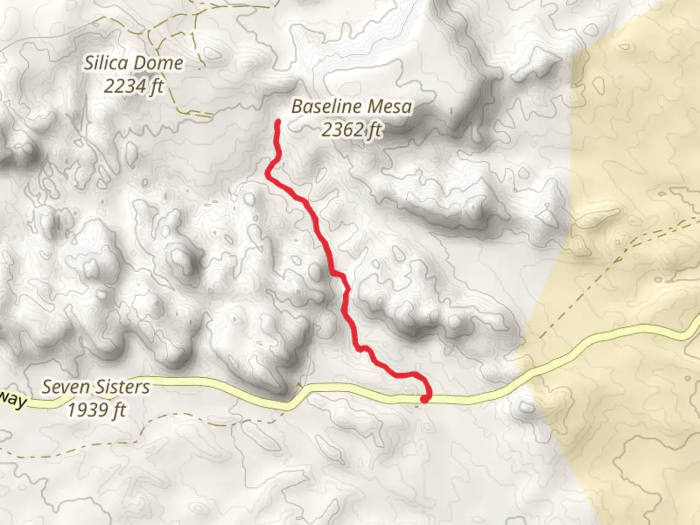 An image depicting the trail Natural Arches Trail and North Fork Valley of Fire Wash and its surrounding area.
