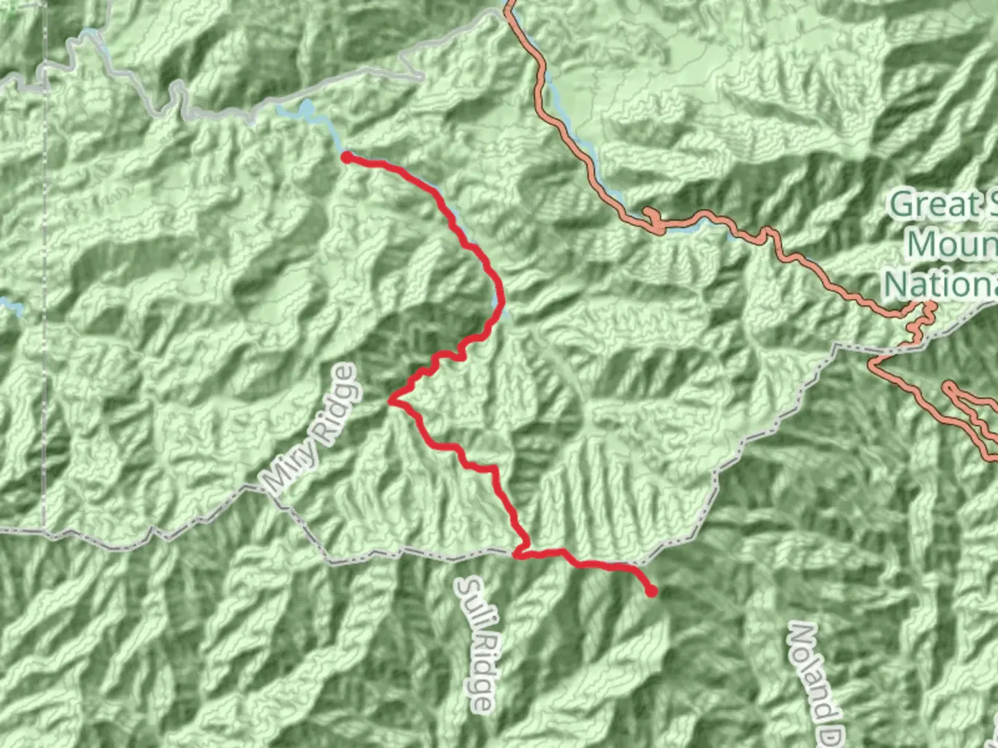 An image depicting the trail Elkmont to Mt Buckley via Little River and Appalachian Trail and its surrounding area.
