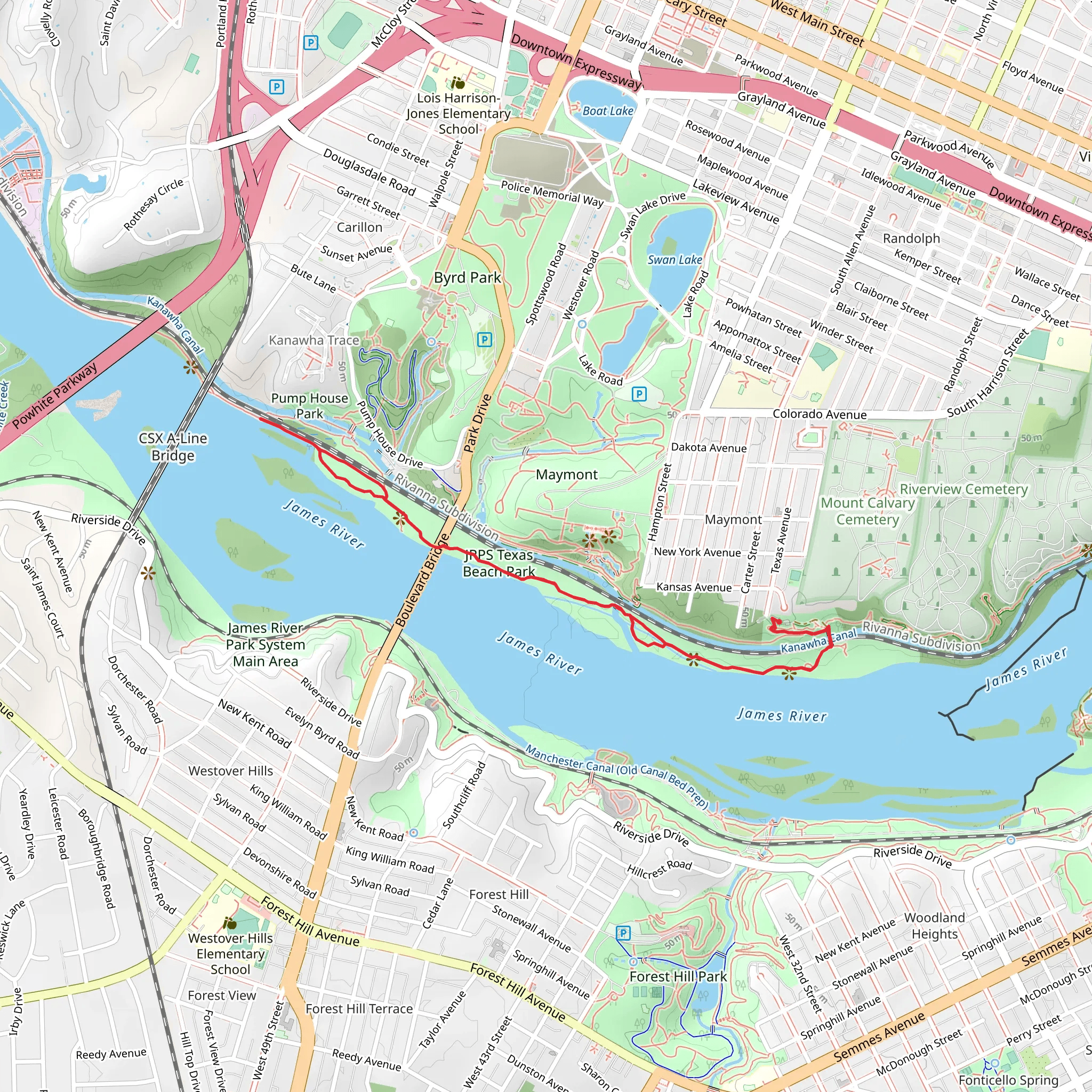 Texas Beach Trail via North Bank Trail mobile static map