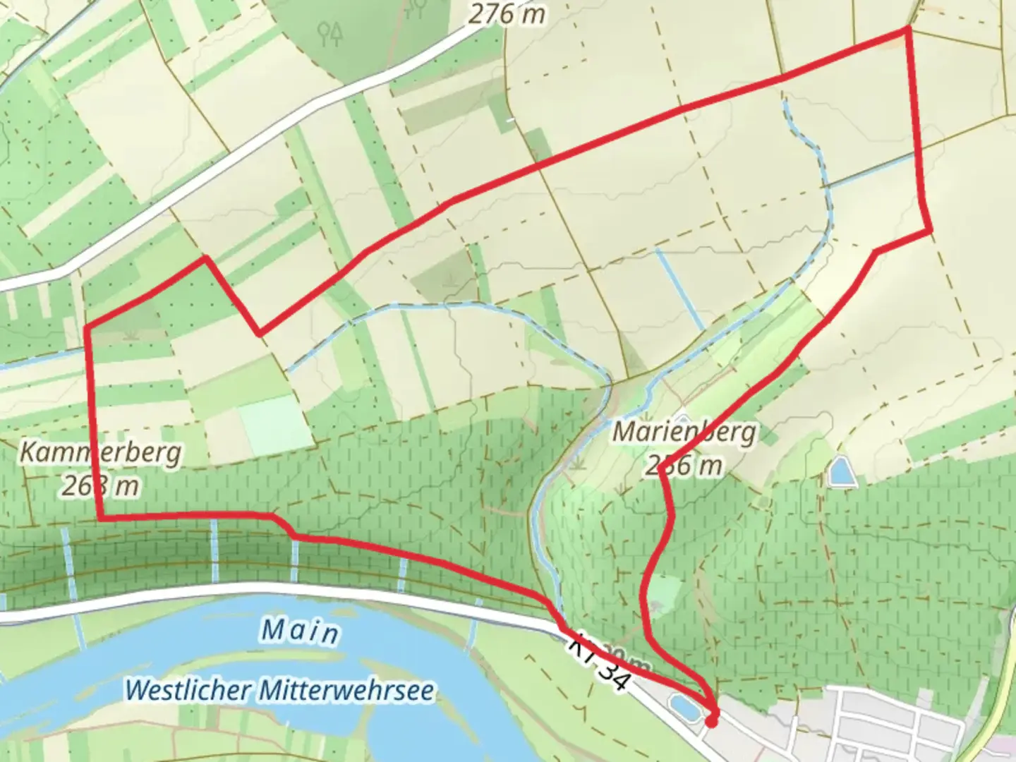 An image depicting the trail Kammerberg via Mainweg Teil and Mainschleife and its surrounding area.