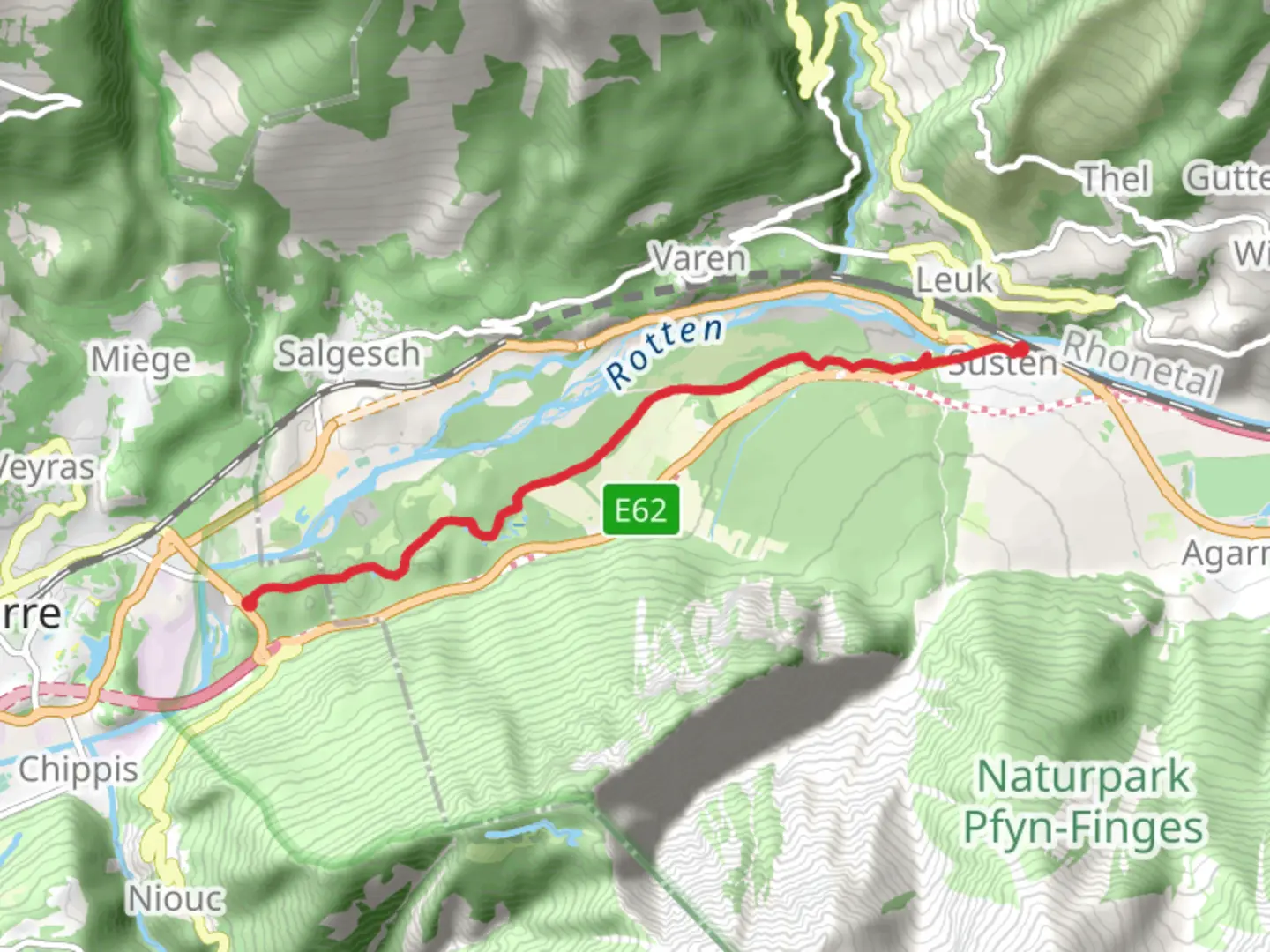 An image depicting the trail Susten - Pfyn Finges Forest Trail and its surrounding area.