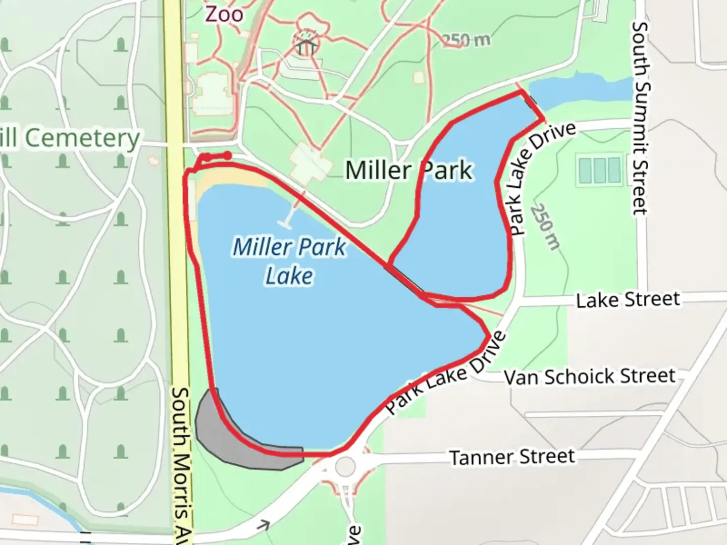 An image depicting the trail Miller Park Lake Loop and its surrounding area.