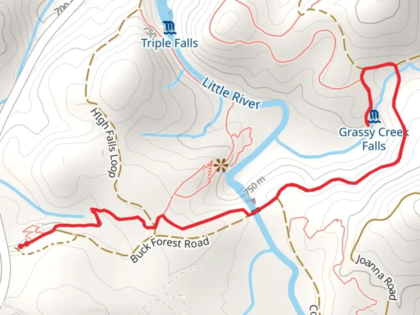 An image depicting the trail Covered Bridge and Grassy Creek Falls Trail and its surrounding area.