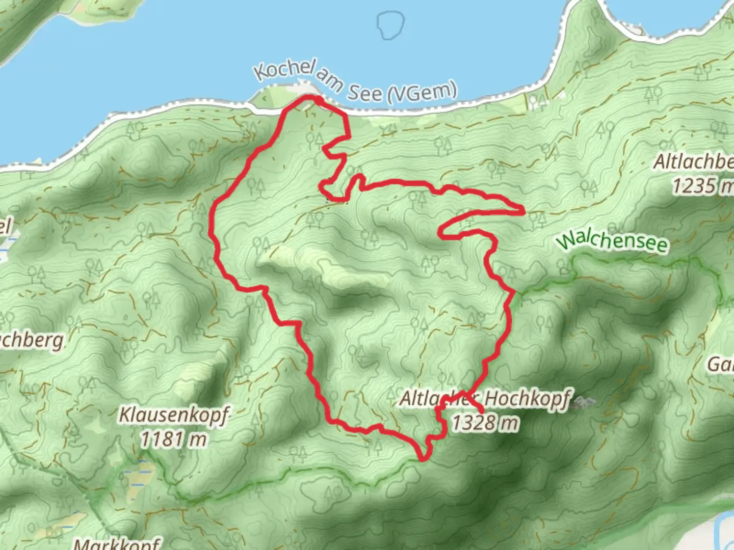 An image depicting the trail Altlacher Hochkopf Loop - Walchensee and its surrounding area.