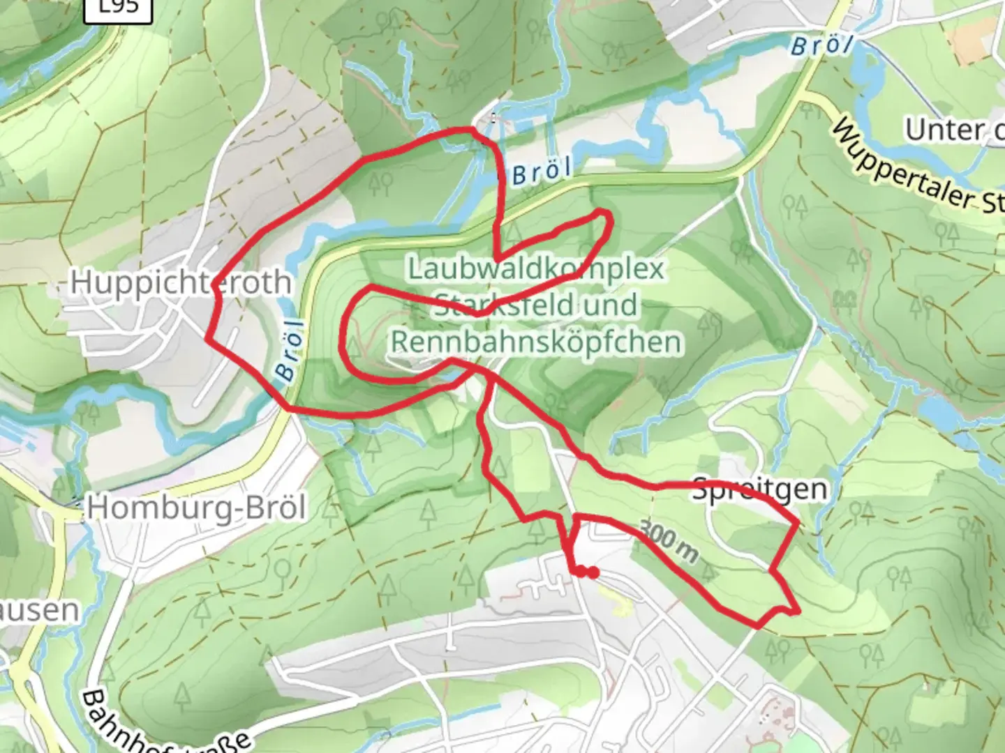 An image depicting the trail Klangpfad and Holsteinsmuehle Rundweg A1 and its surrounding area.