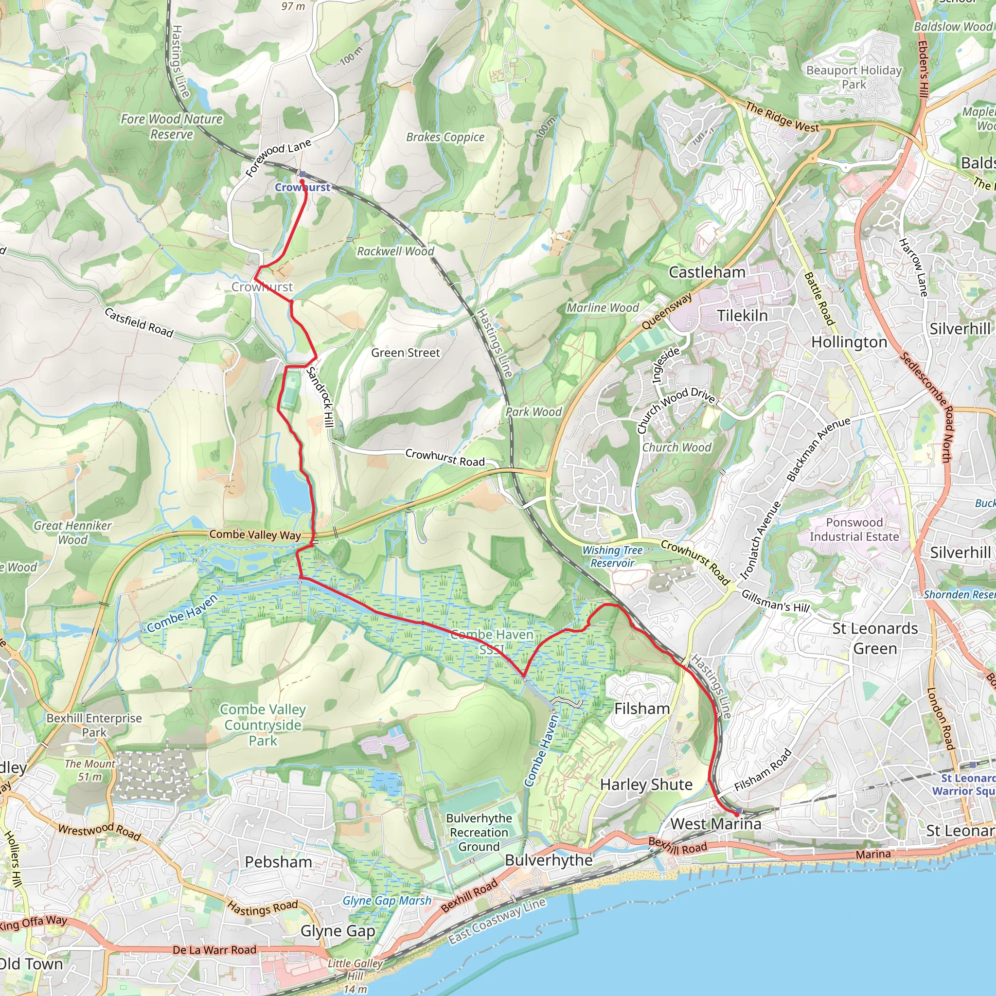 West St Leonards to Crowhurst Walk mobile static map
