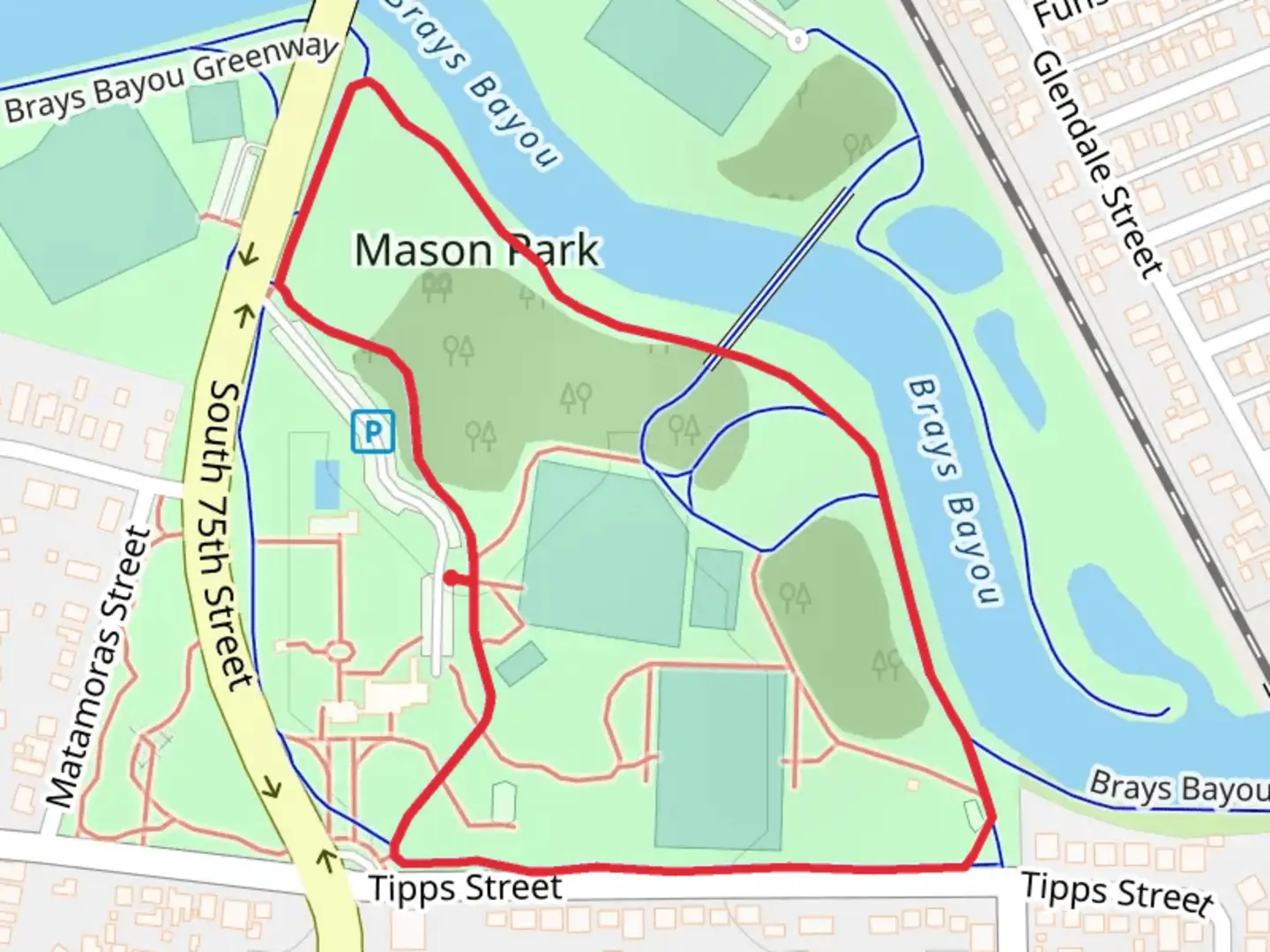 An image depicting the trail Mason Park Baseball Field Loop and its surrounding area.