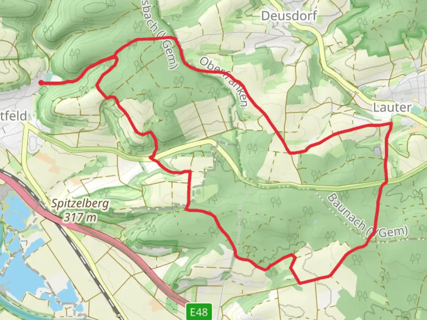 An image depicting the trail Rundwanderweg Fasan Stettfeld and Mainweg Teil and its surrounding area.