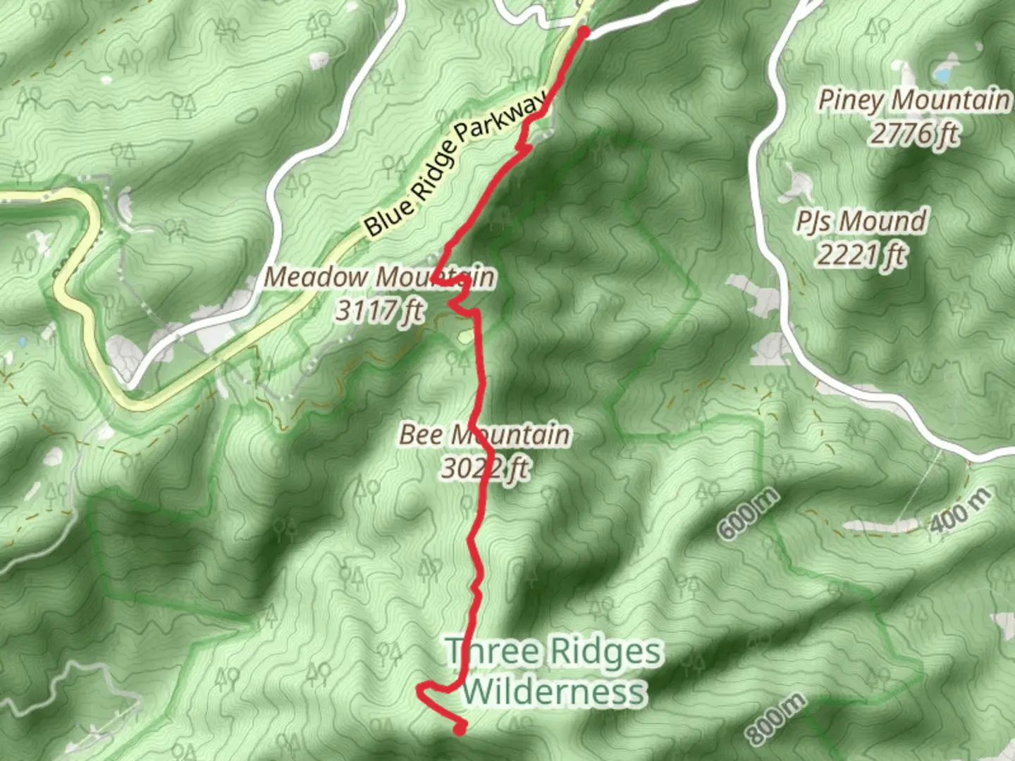 An image depicting the trail Bee Mountain and Three Ridges Wilderness and its surrounding area.