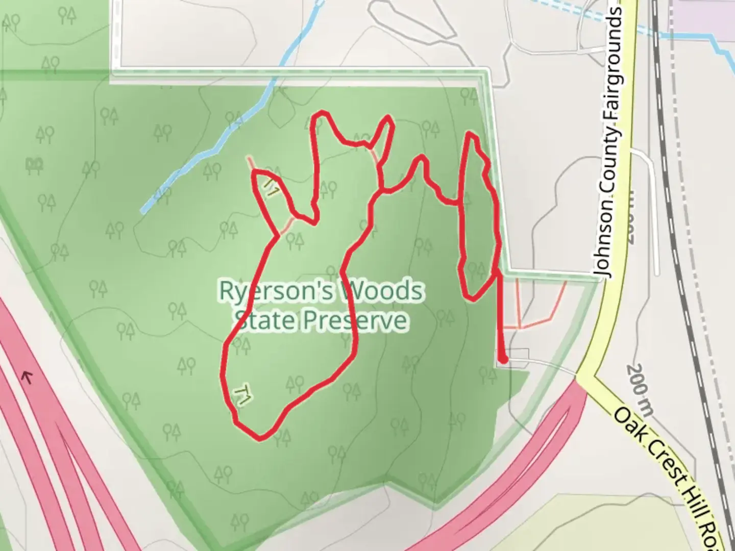An image depicting the trail Ryerson's Woods Loop and its surrounding area.