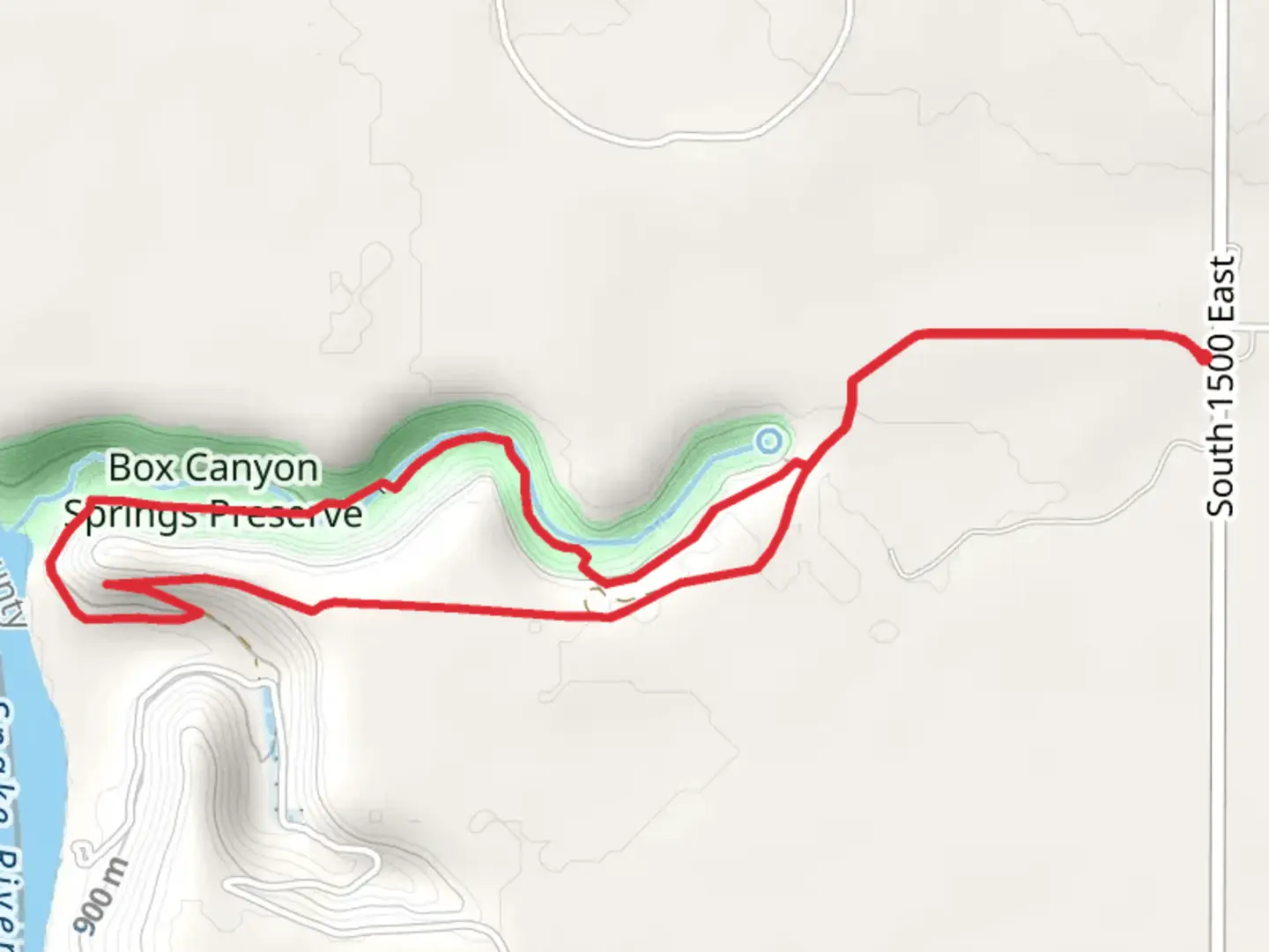 An image depicting the trail Box Canyon Springs Preserve Loop and its surrounding area.