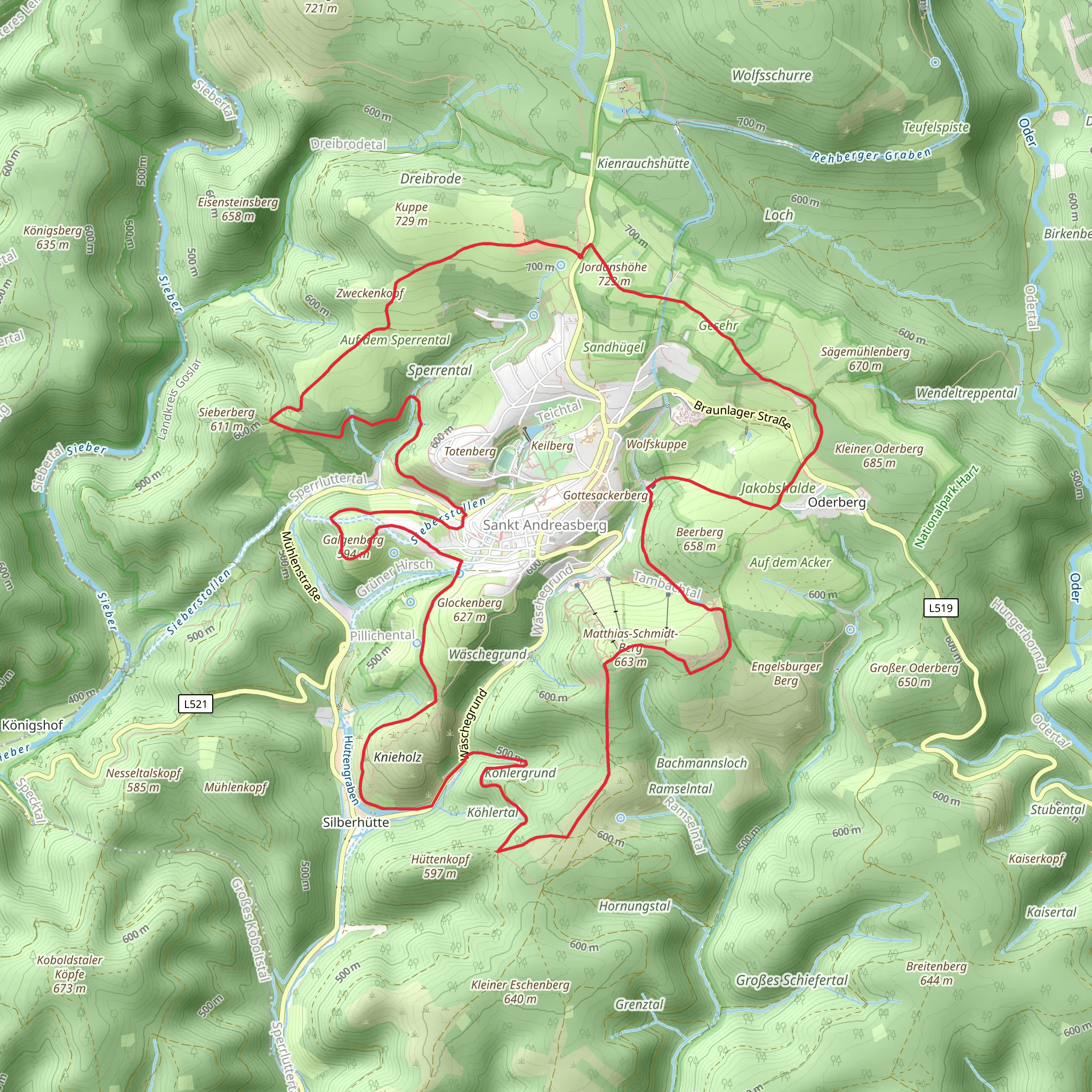 Sankt Andreasberg Loop via Jordanshohe mobile static map